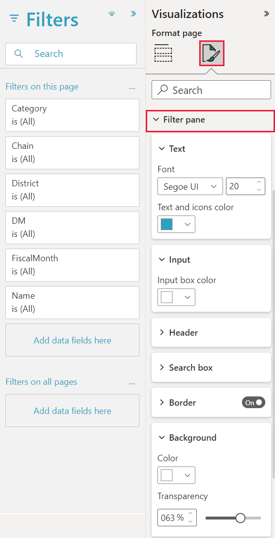 Screenshot of the Visualizations pane, highlighting the Filter pane dropdown menu.