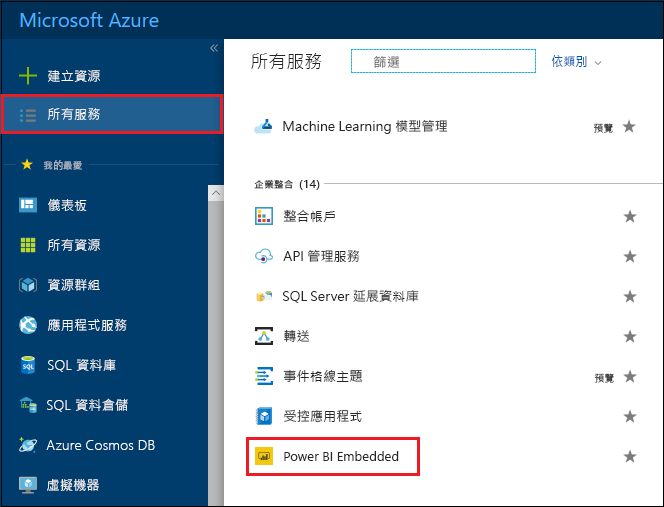 Screenshot of Azure services in Azure portal.