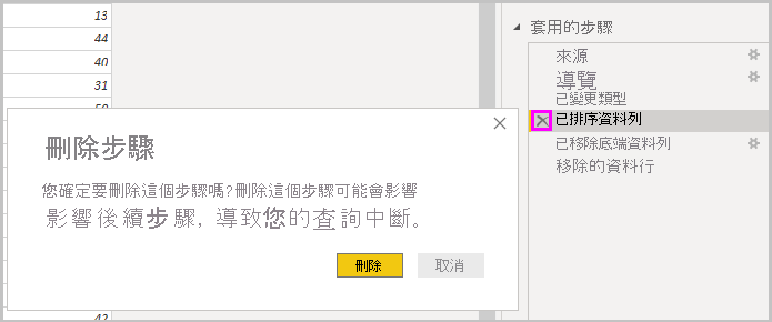 Power B I Desktop 的螢幕擷取畫面，其中顯示 [刪除步驟] 對話方塊。