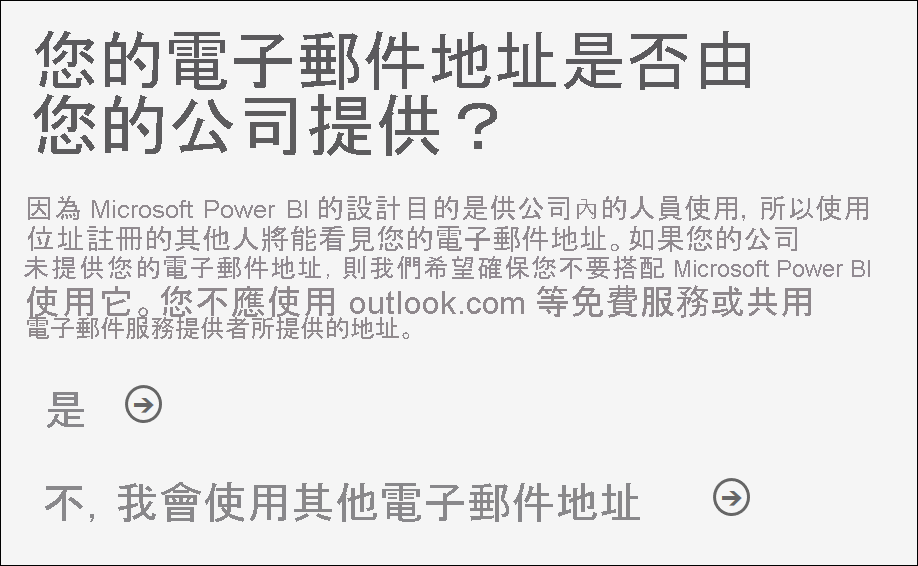 Power BI 服務螢幕擷取畫面，其中顯示確認電子郵件地址的提示。
