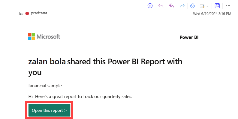 包含 Power BI 連結的電子郵件螢幕擷取畫面。