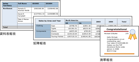 Screenshot of Report Builder table, matrix, and list reports.