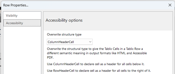 Screenshot showing setting row properties on the Accessibility tab.