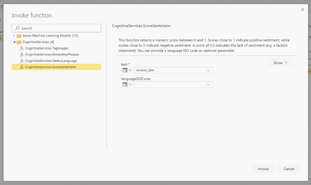 [叫用函式] 對話框的螢幕快照，其中顯示已選取 CognitiveServices.ScoreSentiment。