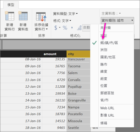 Screenshot of the data icon in Power BI Desktop with the City column highlighted.