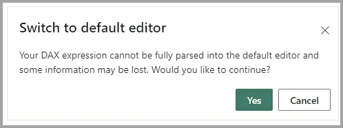 Screenshot of warning about switching to the default editor.