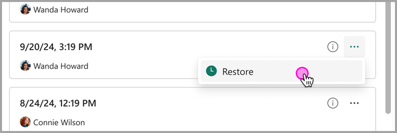 顯示如何從 [版本歷程記錄] 窗格還原舊版語意模型的螢幕快照。