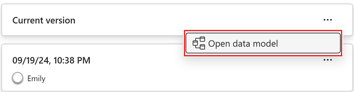 顯示目前語意模型版本的內容功能表，從版本歷程窗格擷取的螢幕截圖。
