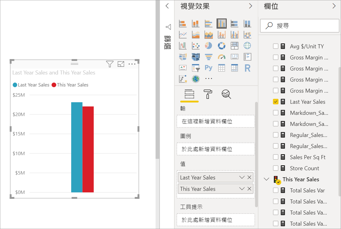 顯示銷售欄位的區域圖中顯示的資料值的螢幕擷取畫面。