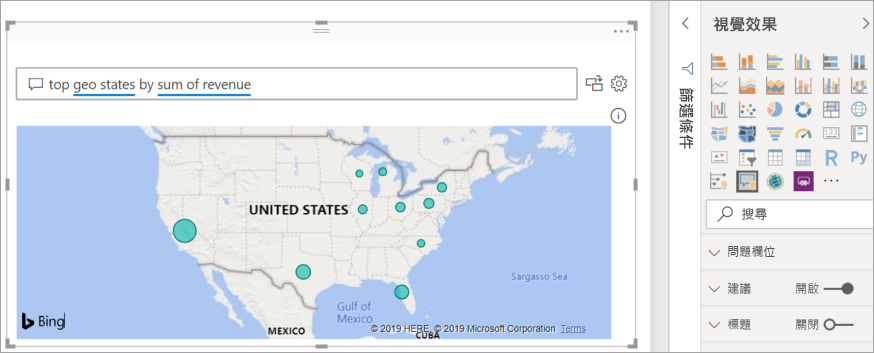 Screenshot that shows the Q&A visual map created by Power BI to display the data.