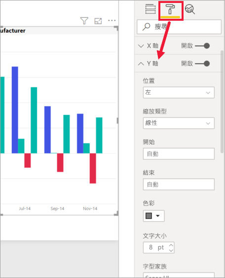 Screenshot showing Format pane with arrow to Y axis card.