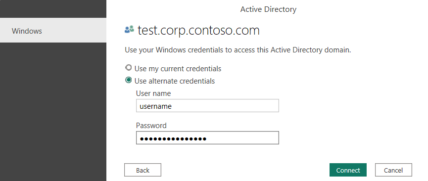 Screenshot of Windows credentials page with alternate credentials selected and a username and password added.