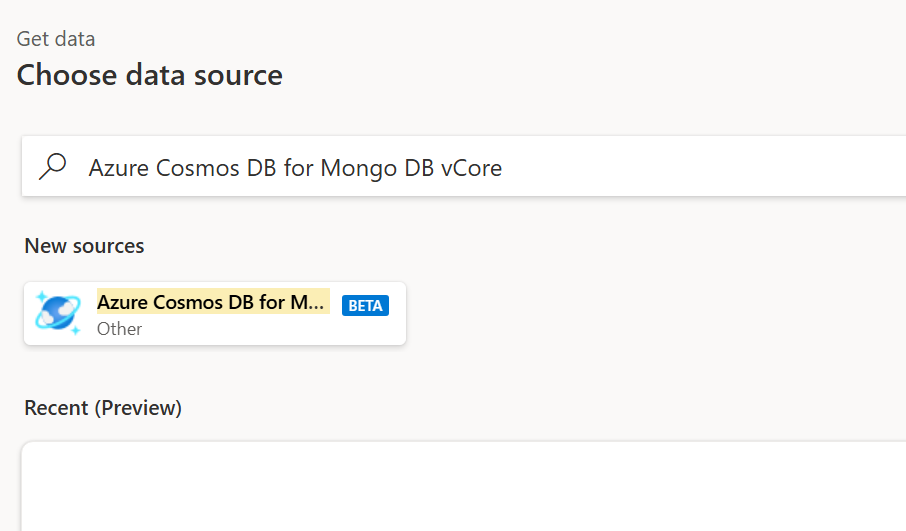 螢幕擷取畫面顯示 Power Query 線上的 Azure Cosmos DB vCore for MongoDB 圖示。