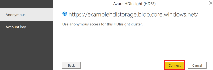 Screenshot of the Azure HDInsight anonymous access page, showing the connect button highlighted.