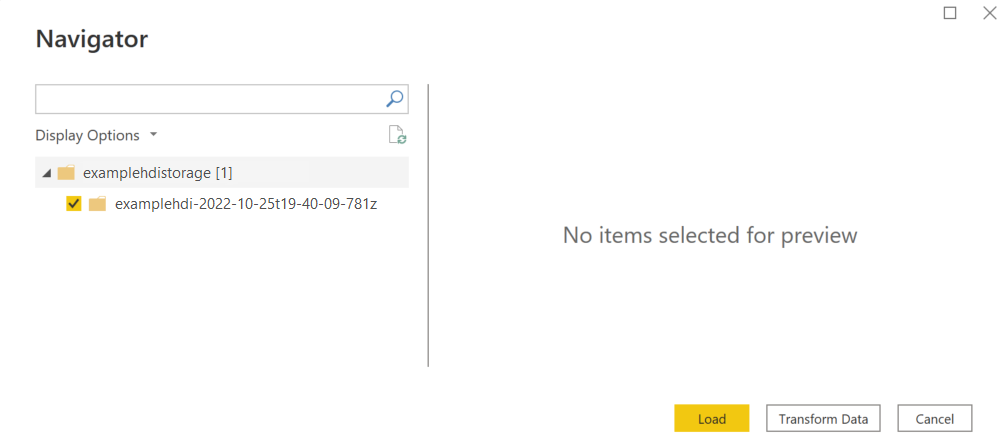 Screenshot of the Azure HDInsight navigator, showing a folder selected.