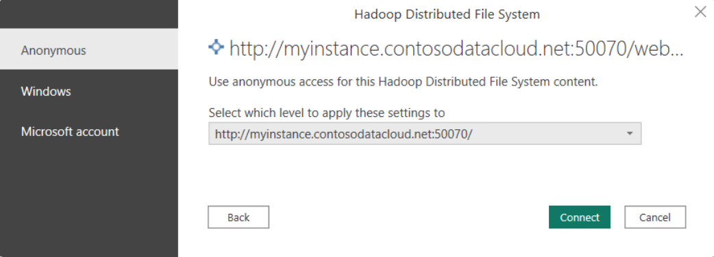 Screenshot of the Hadoop File (HDFS) anonymous access dialog.