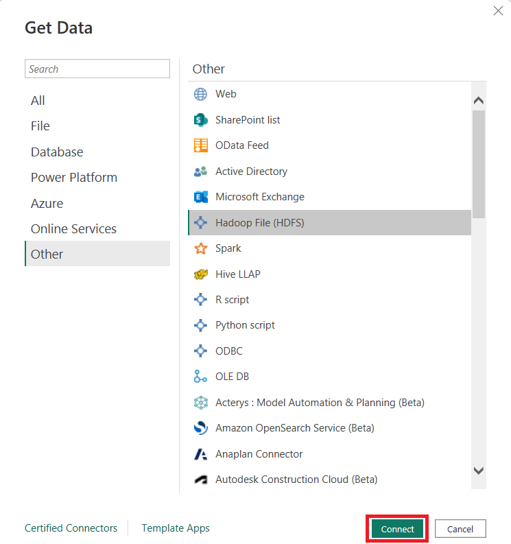 Screenshot of the Get Data dialog, showing the Hadoop File (HDFS) database selection.