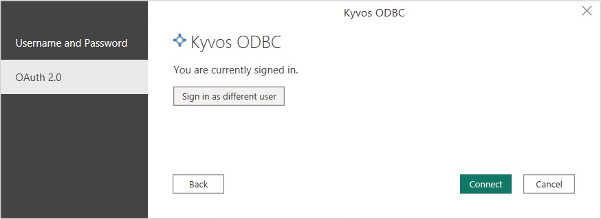 Connect 的螢幕快照,其中顯示 Kyvos ODBC 連接器選取專案。