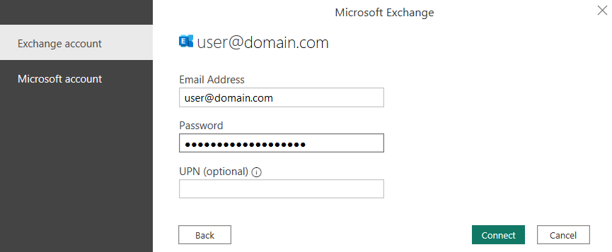 Screenshot of the Microsoft Exchange dialog, showing a mailbox account and password entered.