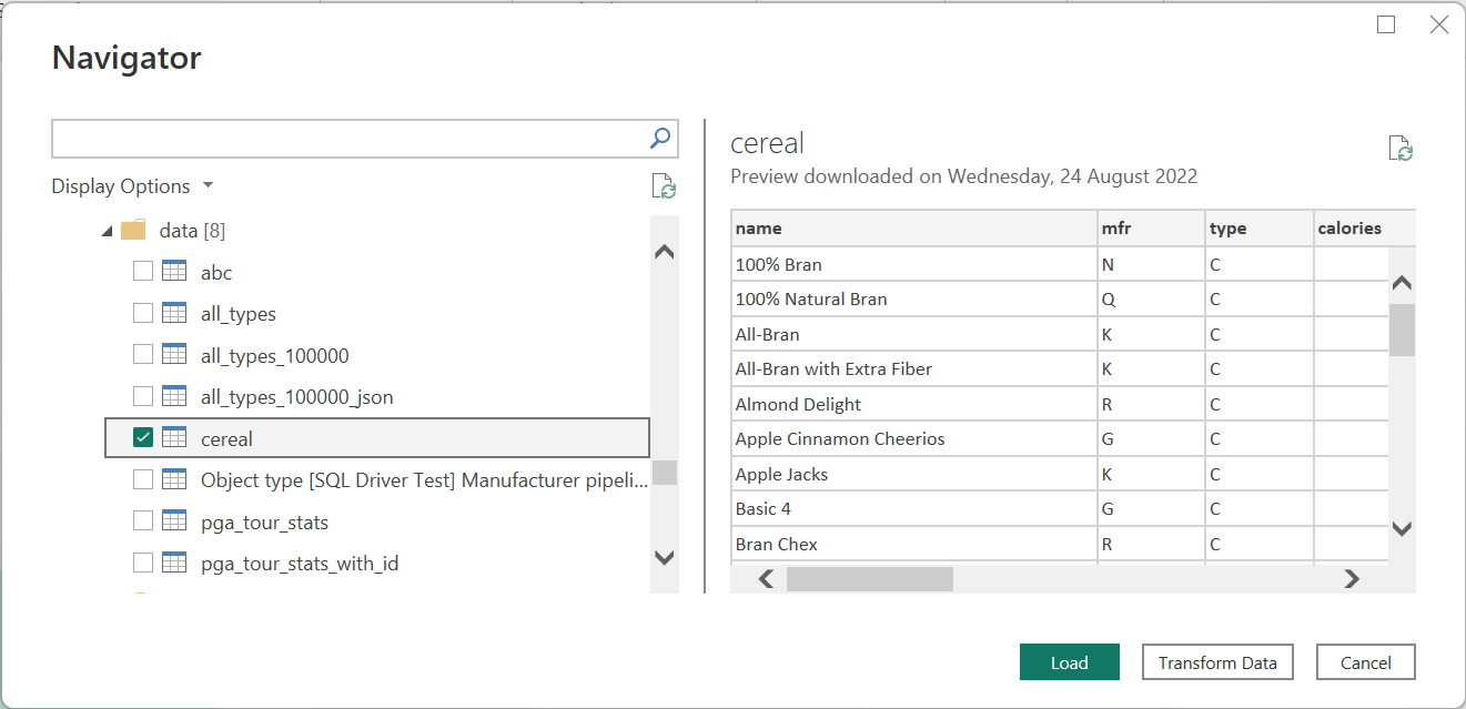 Power Query Desktop Navigator 的螢幕快照，其中顯示選取的數據集。