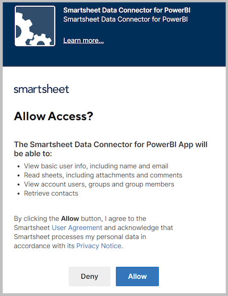 [允許存取視窗] 的螢幕快照，您可以在其中允許連接器存取 Smartsheet。