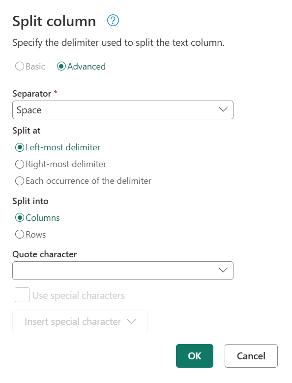 分割欄位對話截圖，分隔符分割成欄位。