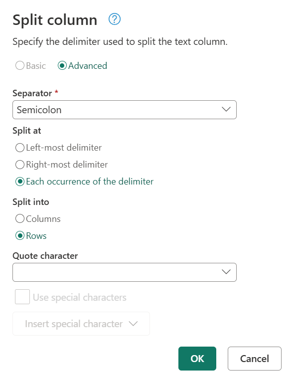 以分隔符分割欄位對話框的截圖，欄位被分割成數列。