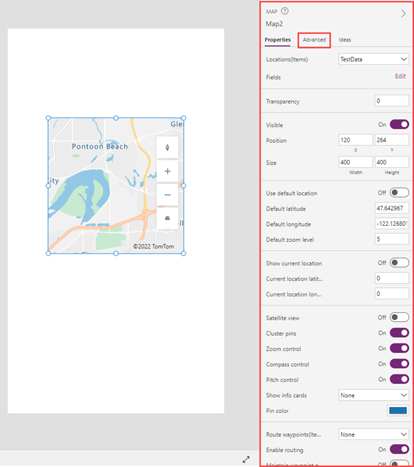 Microsoft Power Apps Studio 中 [屬性] 索引標籤旁顯示地圖控制項的手機應用程式螢幕擷取畫面。