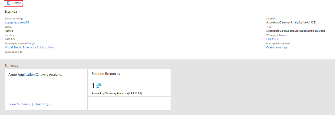 顯示應用程式閘道分析解決方案刪除選項的螢幕快照。