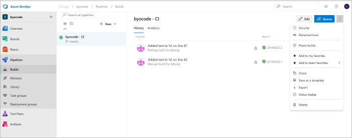 Azure Pipelines 組建頁面