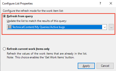 Configure List properties dialog, Query