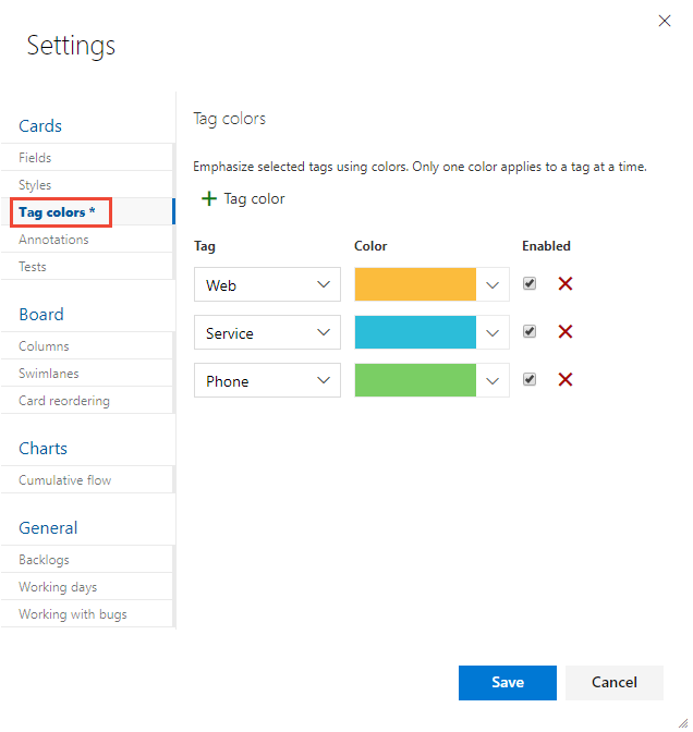 Settings, Tag colors dialog (Kanban).