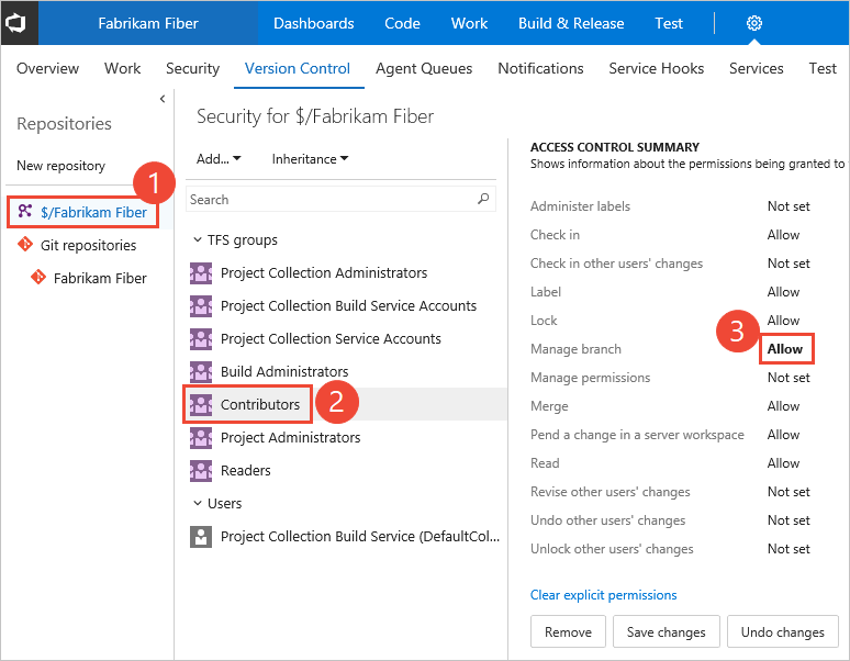 Security dialog for the TFVC repository, Contributors group