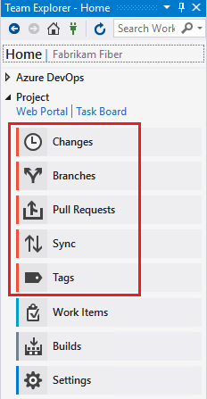 Screenshot of Team Explorer Home page for Visual Studio 2019 showing the Git features highlighted.