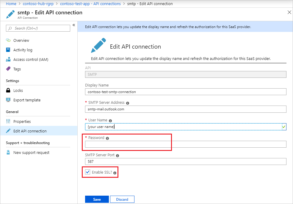 在 Azure 入口網站 的邏輯應用程式中編輯 SMTP API 連線。