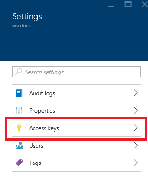 Azure 入口網站之工作區集合設定內的存取金鑰