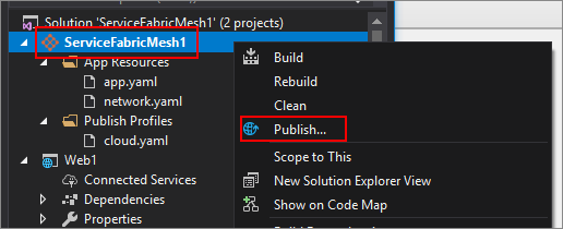 Visual Studio 中以滑鼠右鍵按一下 Service Fabric Mesh 專案