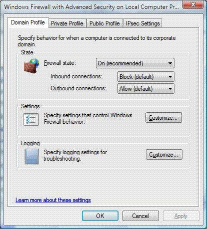 The Windows Firewall with Advanced Security Properties dialog box