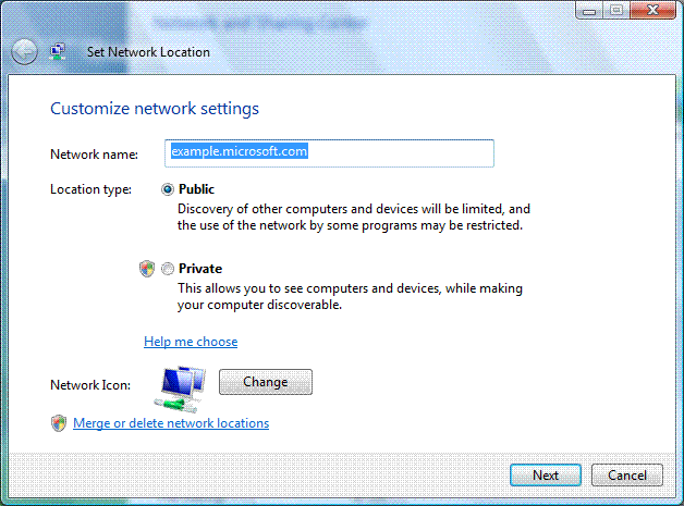 The Set Network Location dialog box