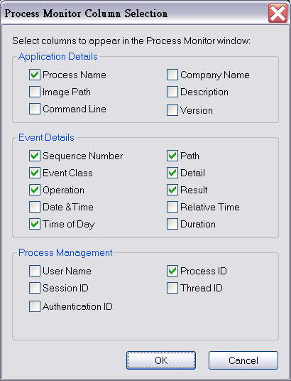 圖 2：可自訂欄位的『Process Monitor Column Selection』交談窗
