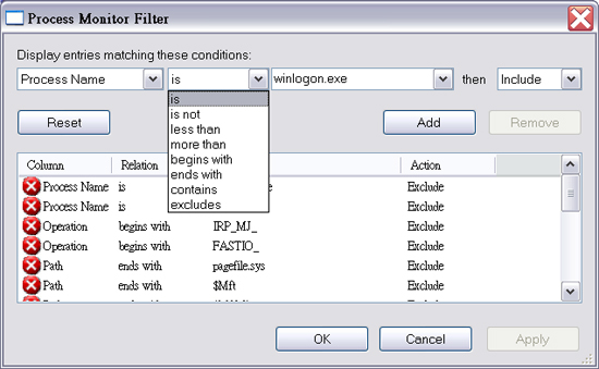 圖 3：設定過濾條件的『Process Monitor Filter』交談窗