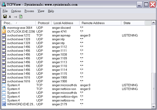圖 6：能顯示所有進出系統 TCP 和 UDP 連線資訊的 TCPView