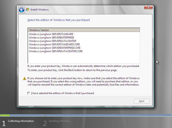 Windows Server 2008 選擇版本及 GUI 和 Server Core 頁面