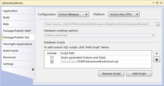 [封裝/發行 SQL] 中的 [資料庫指令碼] 方格