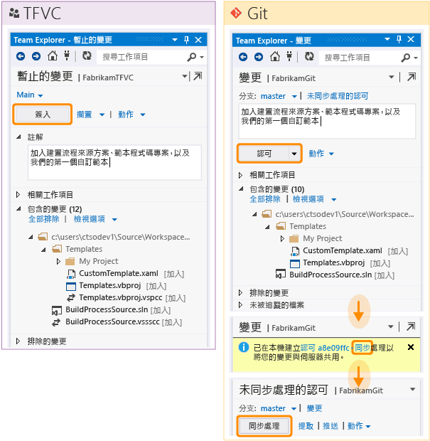 使用 TFVC 或 Git 上傳變更