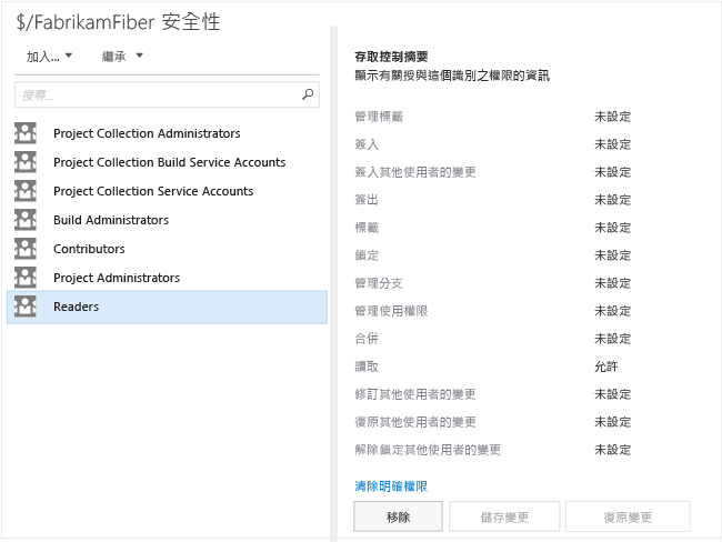 TF 版本控制的 [權限] 頁面