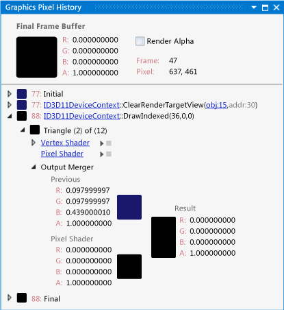 像素歷史記錄顯示一個 DrawIndexed 事件。