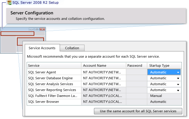 使用 Network Service 來登入所有 SQL Server 服務