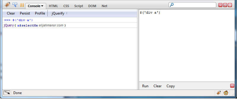 Figure 1: Firebug console shows a successful match from a jQuery selector