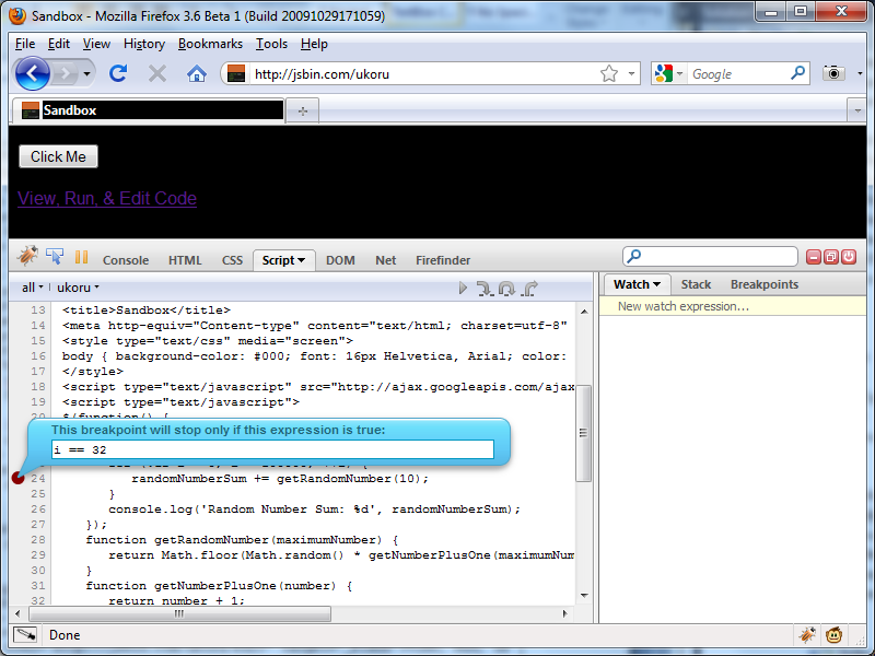 Figure 16: Setting a conditional breakpoint in Firebug